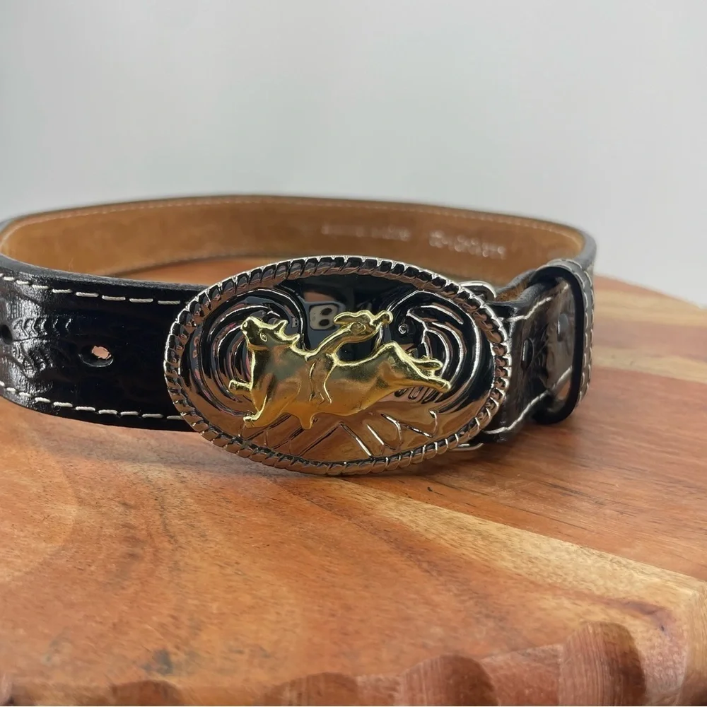 Youth Boy's‎ Nocona Bull Rider Buckle & Black Belt SZ 22 4410401 fits 22-26”